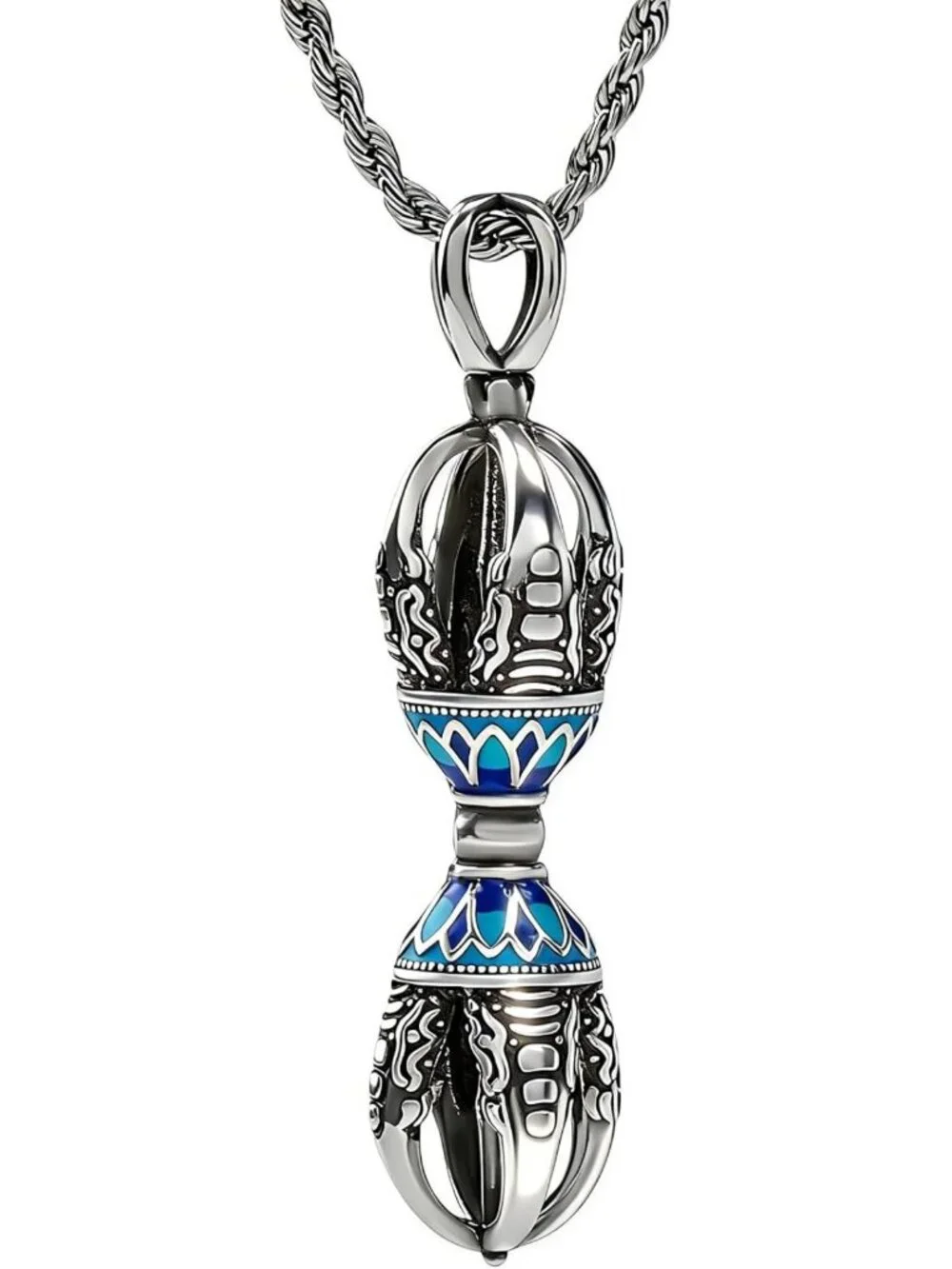 Men's Tibetan Vajra Necklace | Silver Dorje Pendant, Adjustable Rope Chain